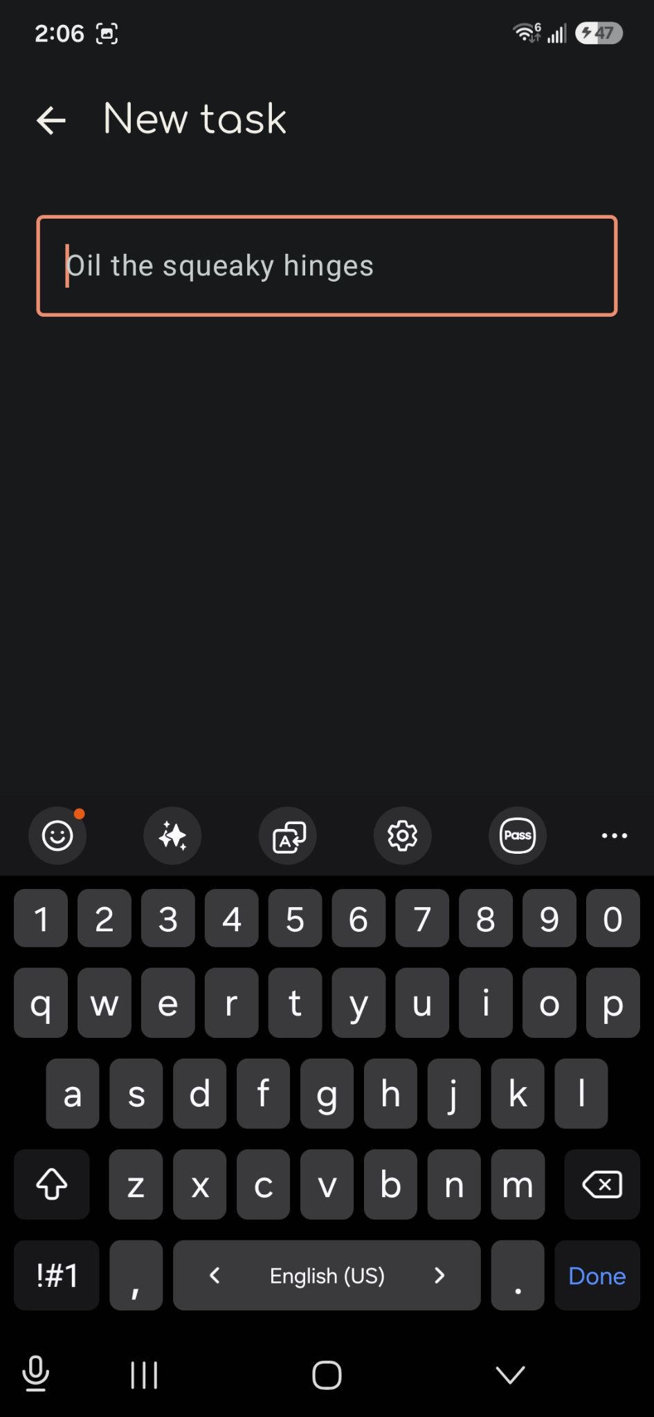 The new-task screen, capturing a task by typing just &lsquo;Oil the squeaky hinges&rsquo;.