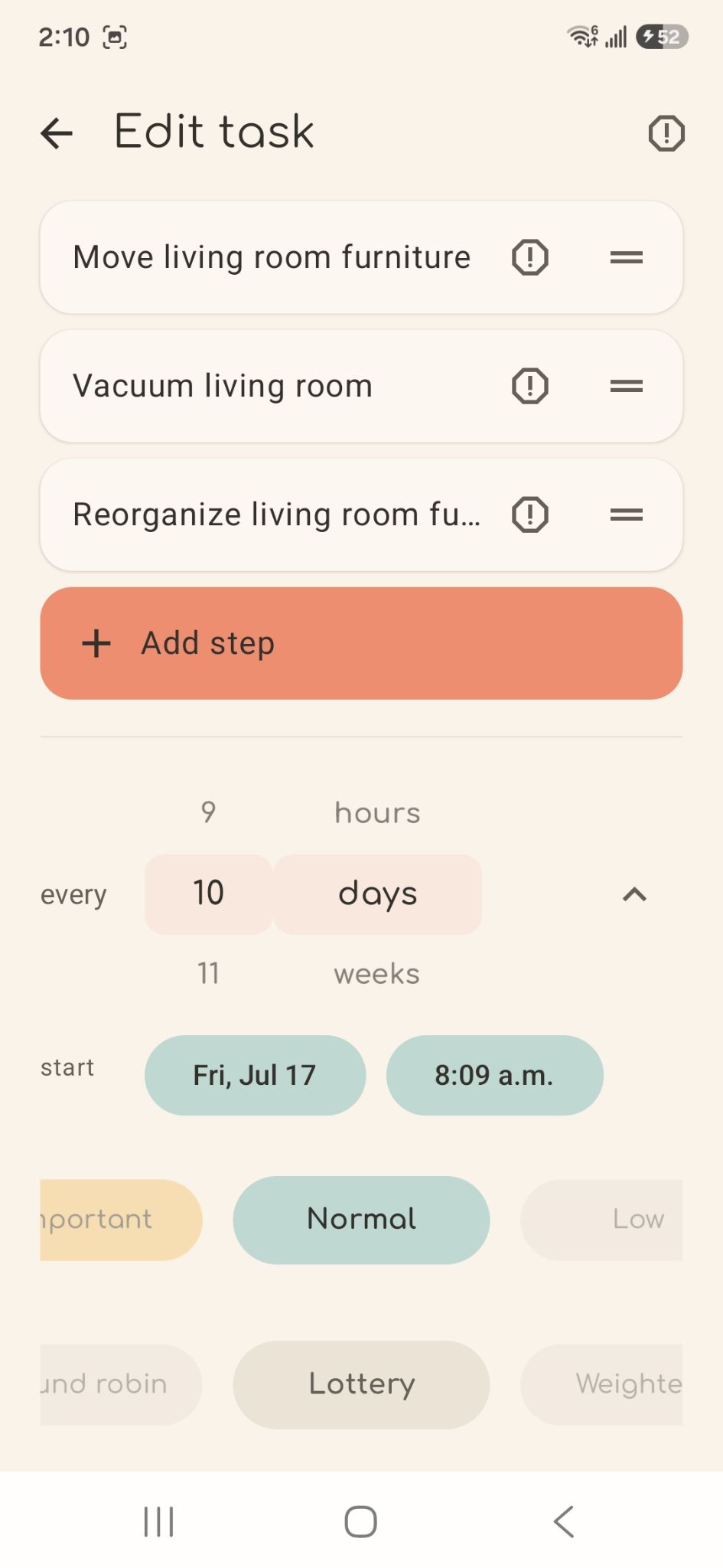 The edit-task screen for a living-room reset: three steps, repeating every 10 days, normal importance, with turns assigned by lottery.